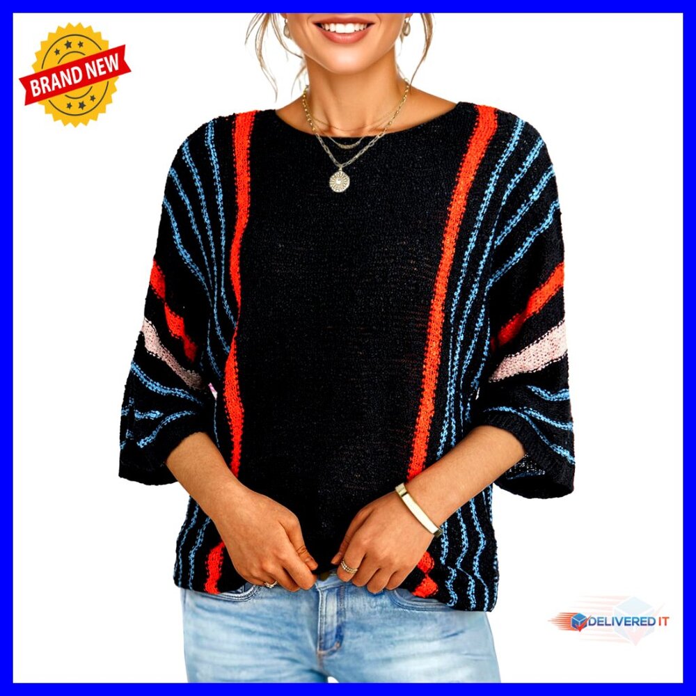 Oversized Boho Knit Pullover 3/4 Sleeve Lightweight Summer Sweater Chic